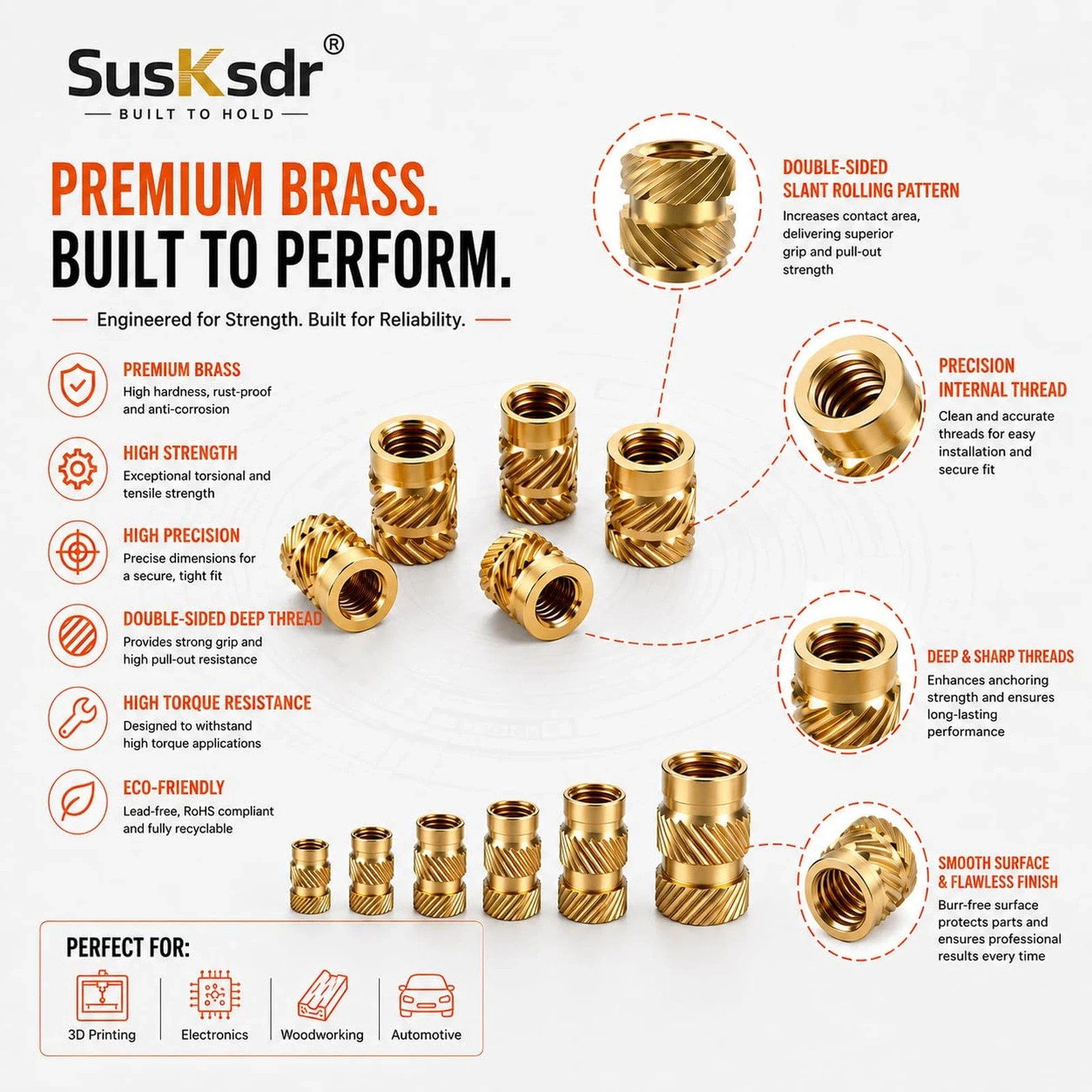580+7PCS Heat Set Threaded Inserts Kit M2 M2.5 M3 M4 M5 M6 Brass Knurled Inserts