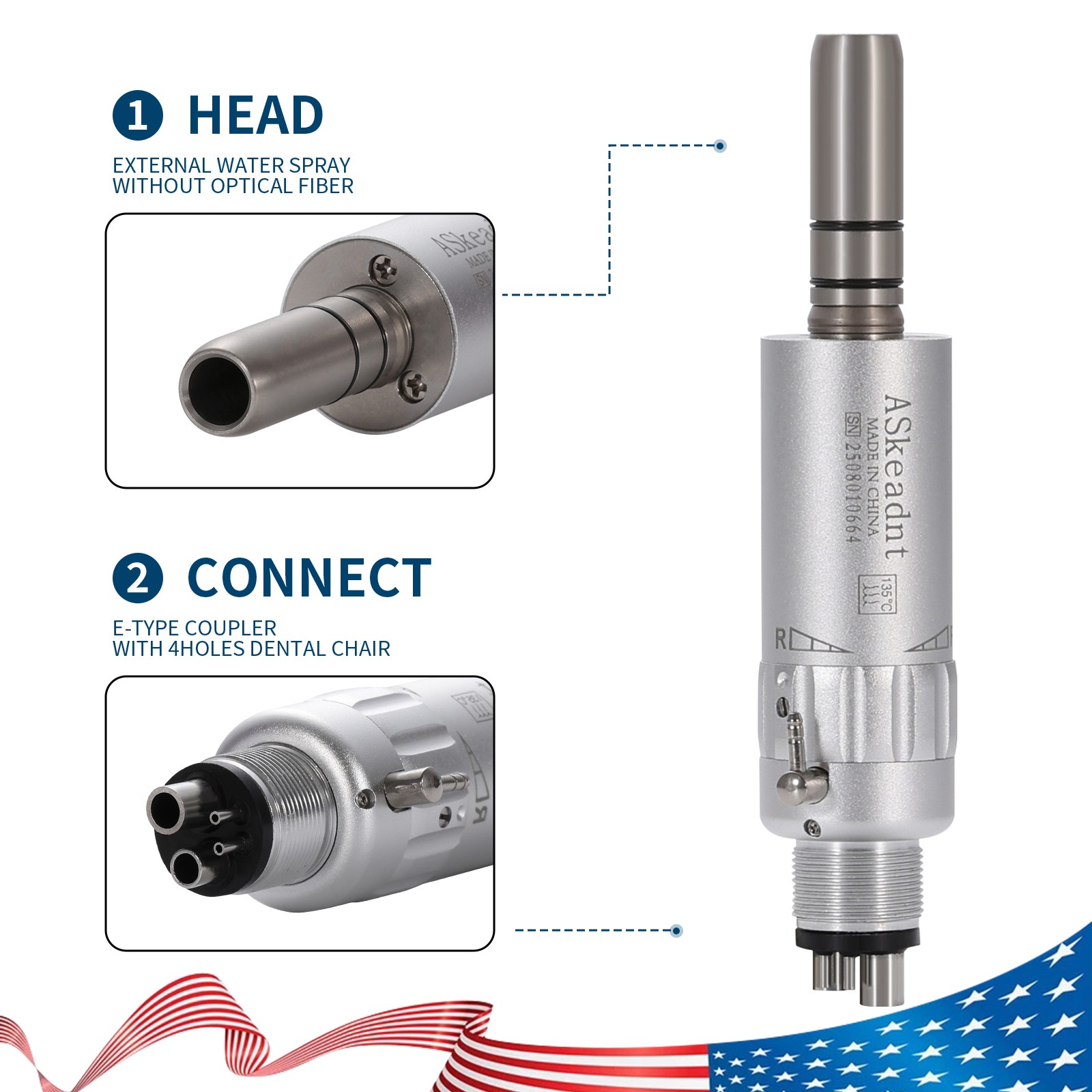 ASkeadnt Dental Slow Low Speed Handpiece Air Motor E-type 4 Holes Connector