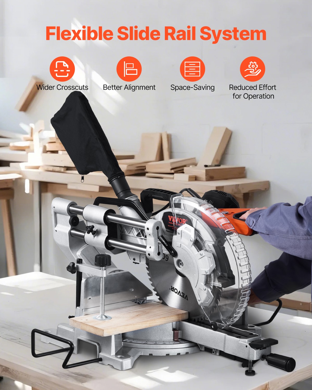VEVOR Sliding Compound Miter Saw 12-In Blade 15 Amp Motor Corded Bevel 60-Tooth