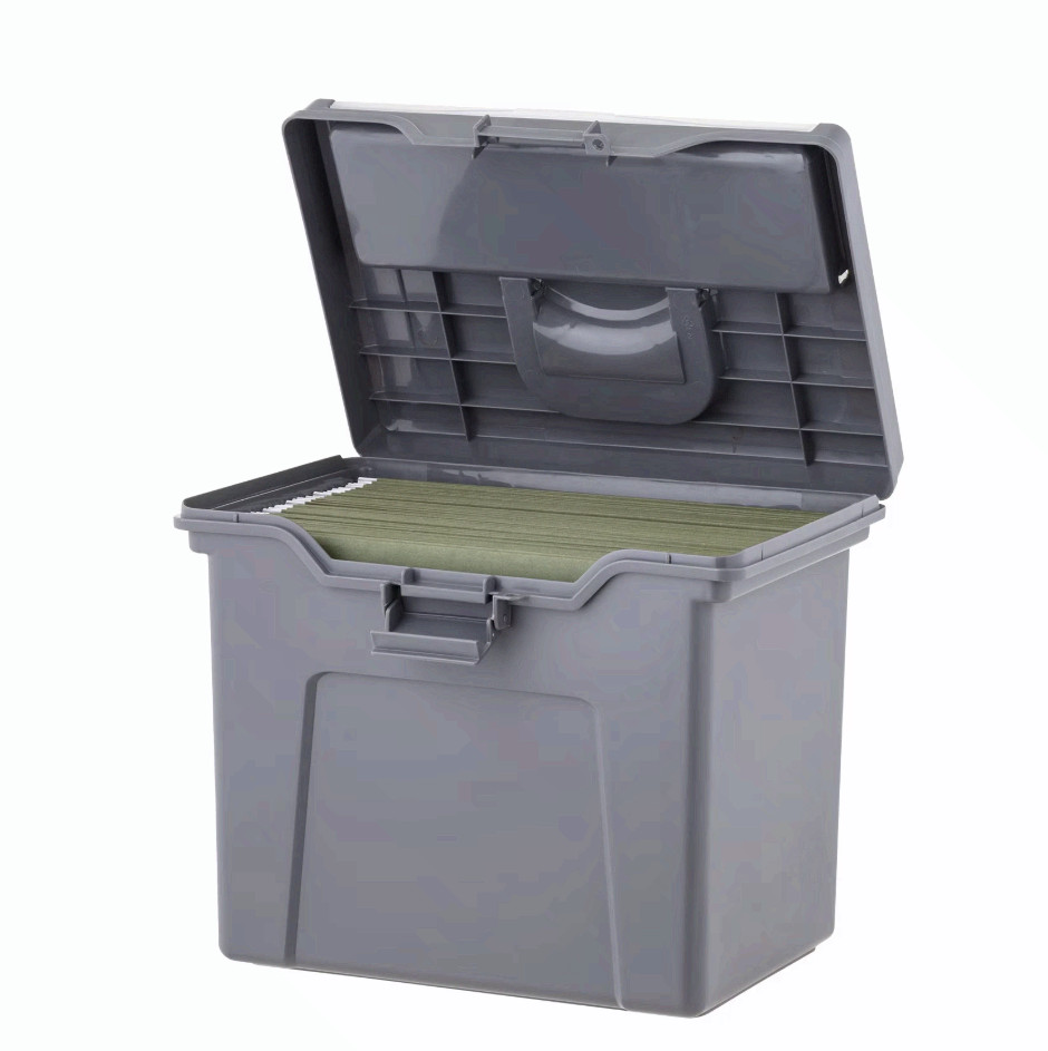 Portable Plastic File Box with Organizer Lid, Letter Size, Gray,4 Pk, Gray, New