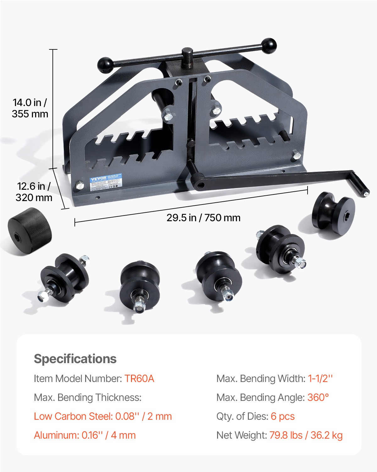VEVOR Tube Roller Bender Max 1-1/2″ Manual Tube Pipe Roller Bender with 6 Dies