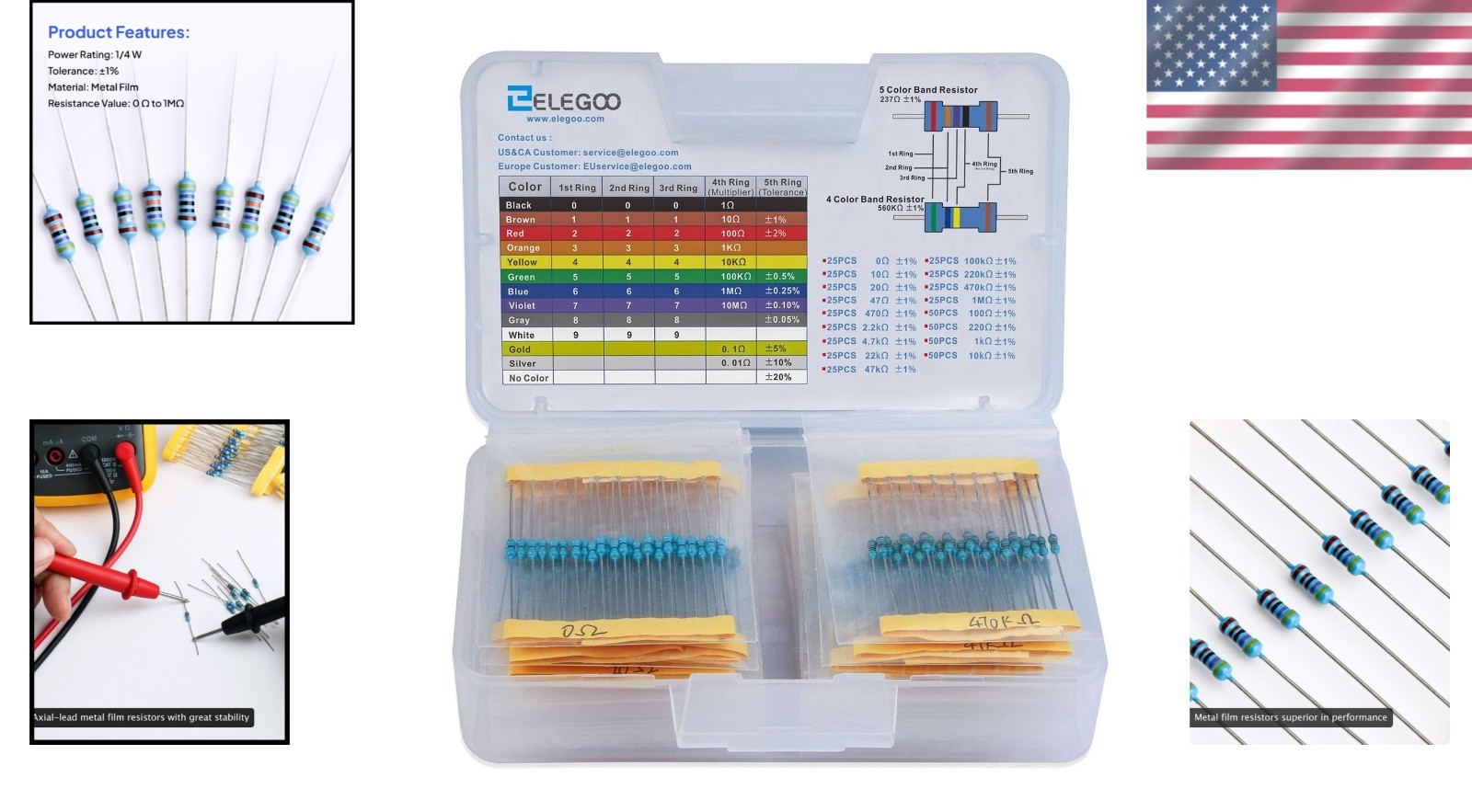 17-Value 0-1M Ohm Resistor Assortment with Color Code Guide & Compliance