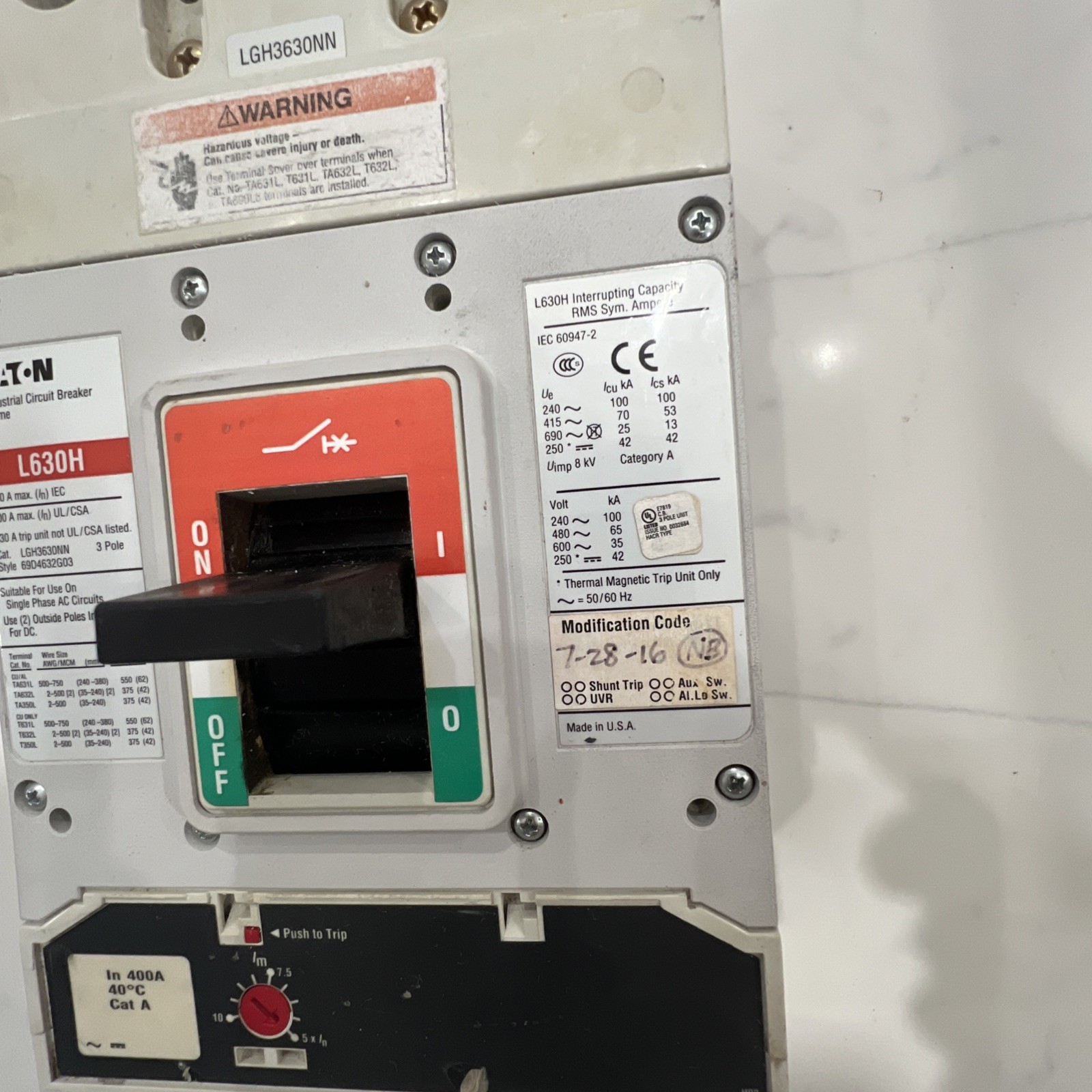 Eaton Circuit Breaker LGH3630NN 600 Amp 600Volt 3 pole W/Trip Unit