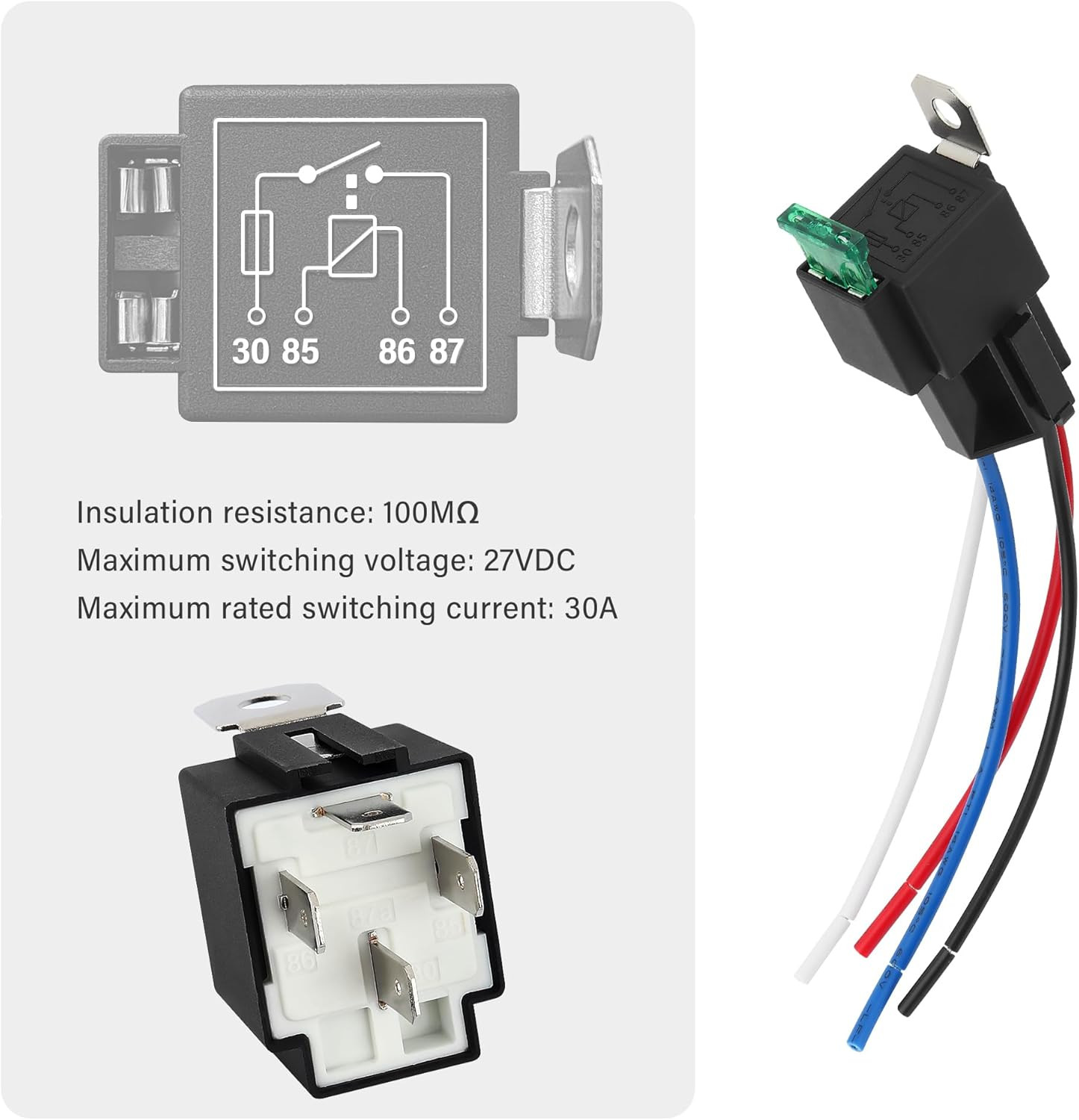 4Pin 12V Relay with 30A Fuse,Spst Normally Open Car Relay with 14 AWG Harness,Un