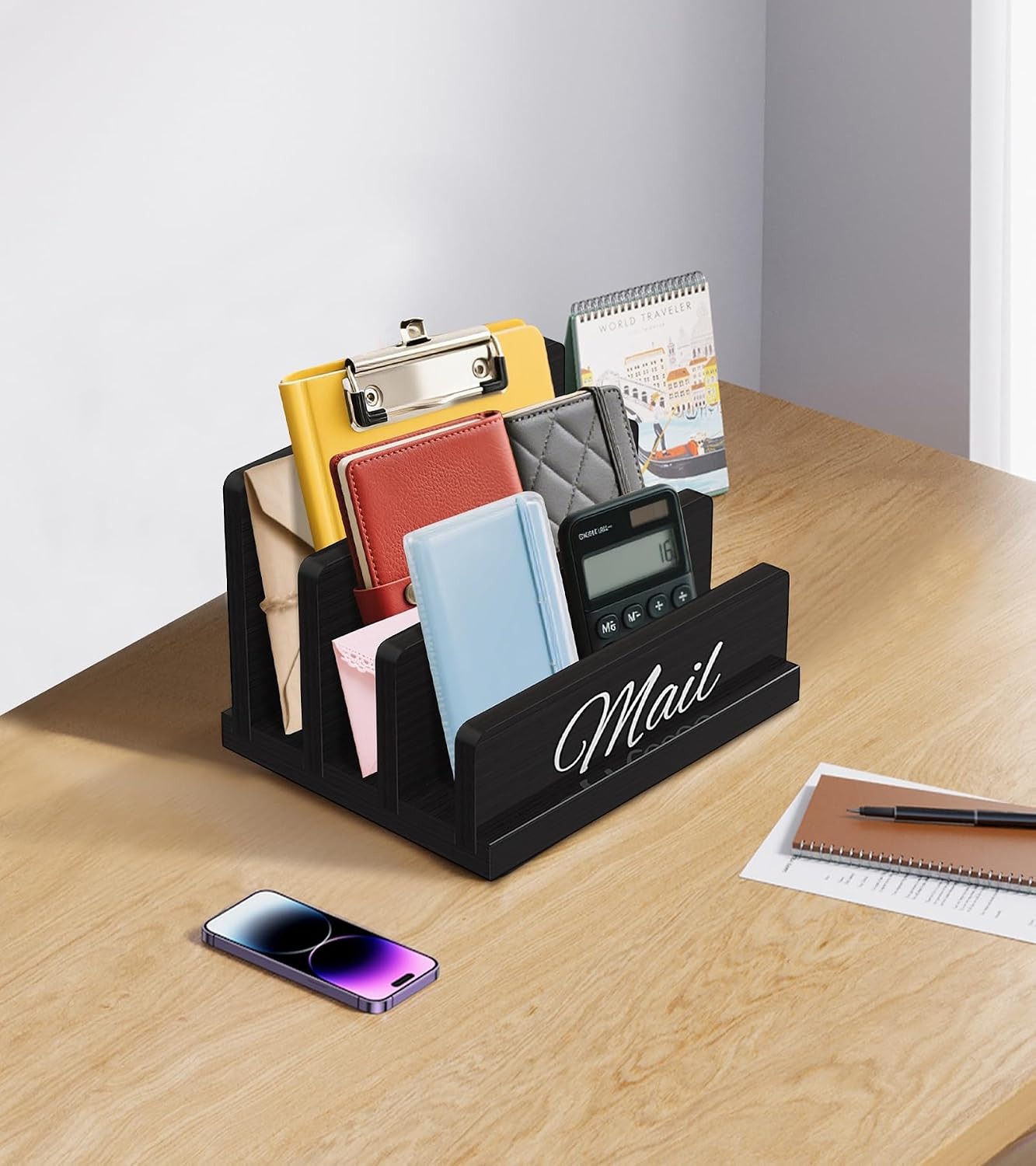 Mail Organizer for Desk, Wooden Mail Holder with Divider, 3-Slot | Sorter File H