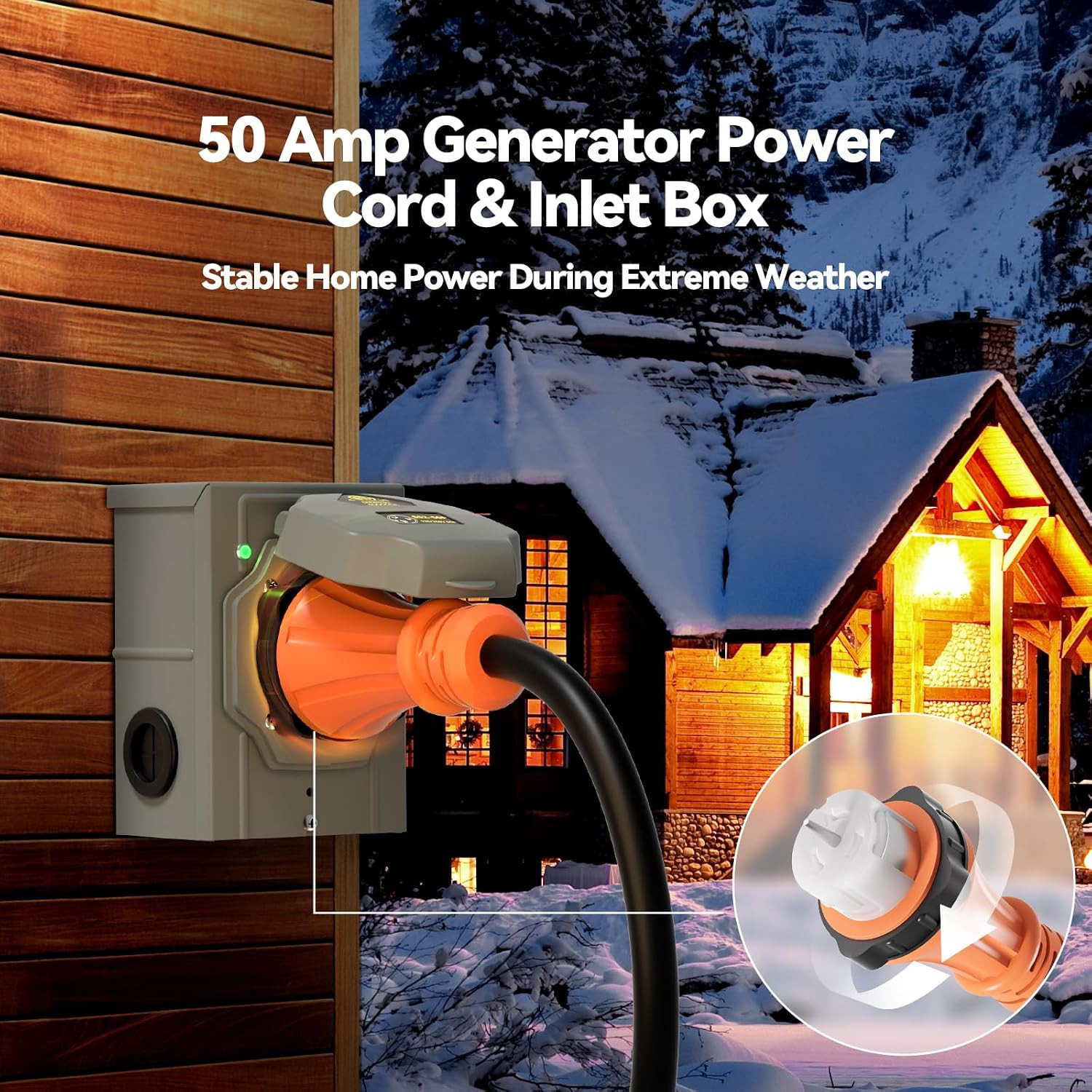 A a in 50 Amp Generator Cord 15FT and Power Inlet Box, Pre-Drilled 50 Amp Genera