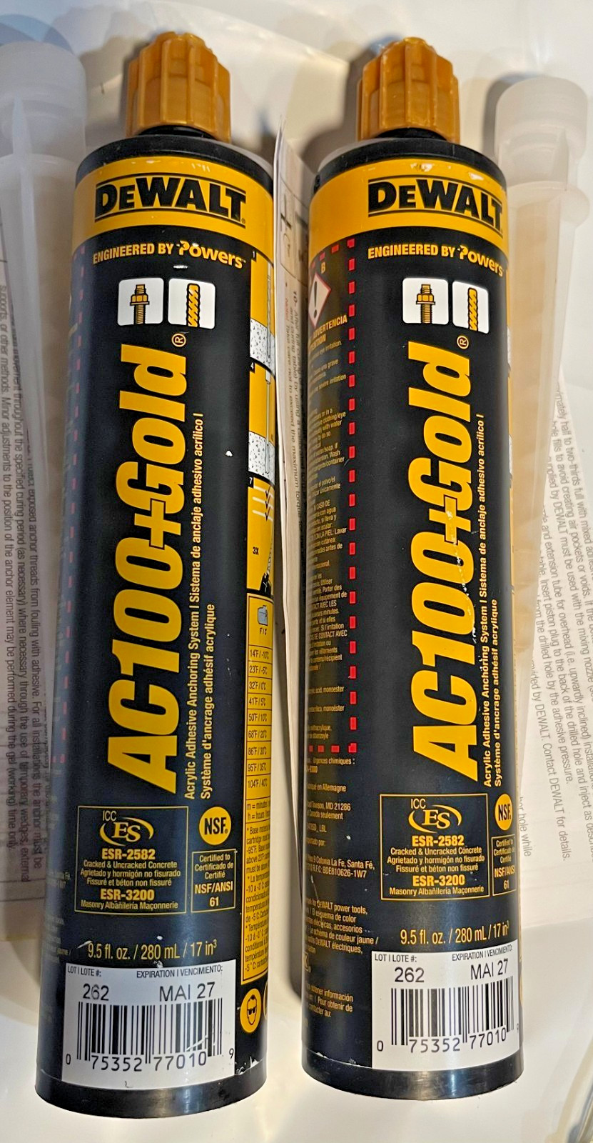 2 UNITS DEWALT AC100+ GOLD 9.5 oz Adhesive Anchoring System 8478SD EXP 04/2027