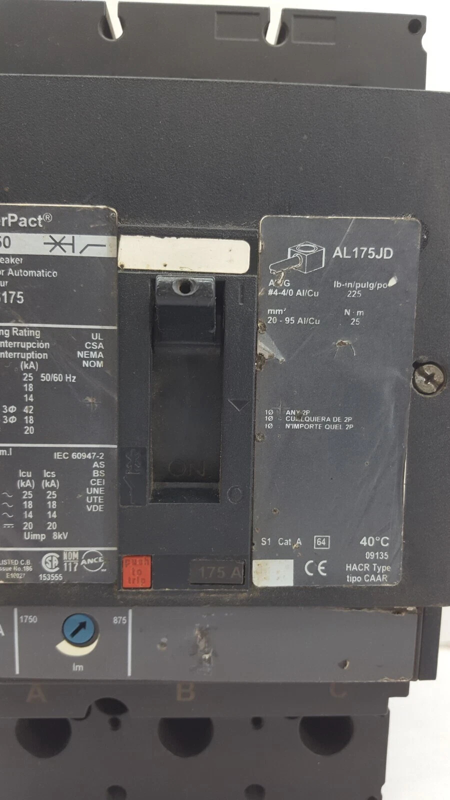 SQUARE D JDA36175 POWER PACT CIRCUIT BREAKER 175A 3P 600V 175 AMP 3 POLE JDA