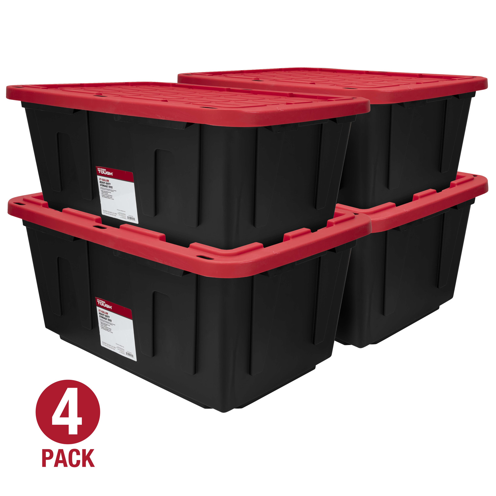 Hyper Tough 27Gal Storage Bin 4-Pack Black/Red Heavy Duty Plastic
