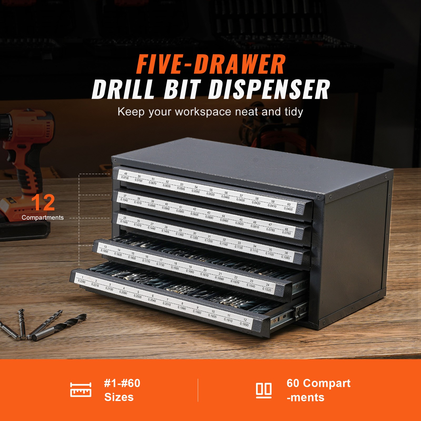 VEVOR Drill Bit Dispenser Organizer Cabinet Five-Drawer for #1 to #60 Stackable