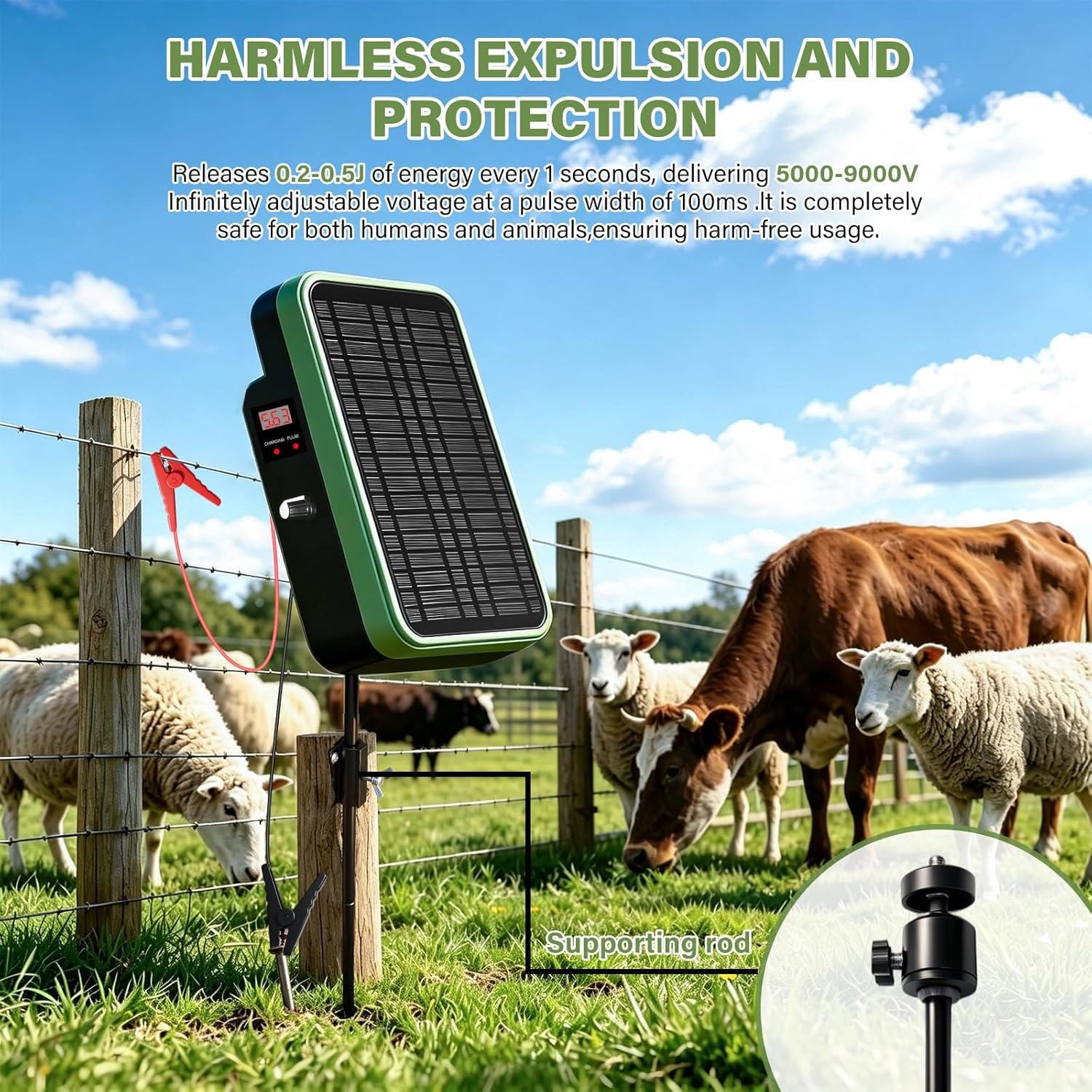 0.5J 10Mile Solar Power Fence Charger 5.5W Electric Fence Energizer Livestock US
