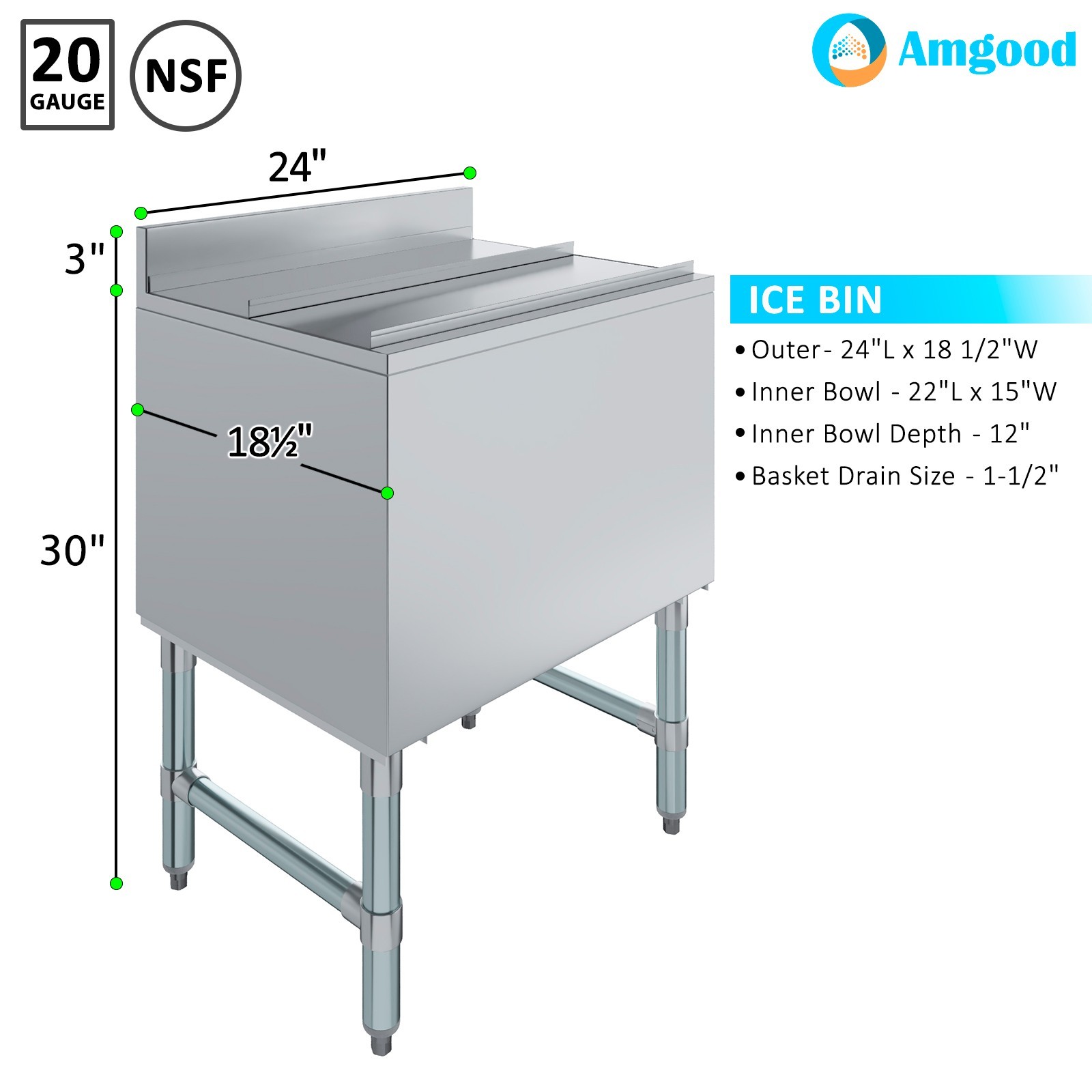 19 in. x 24 in. Stainless Steel Ice Bin With 7-circuit Cast Aluminum Cold Plate