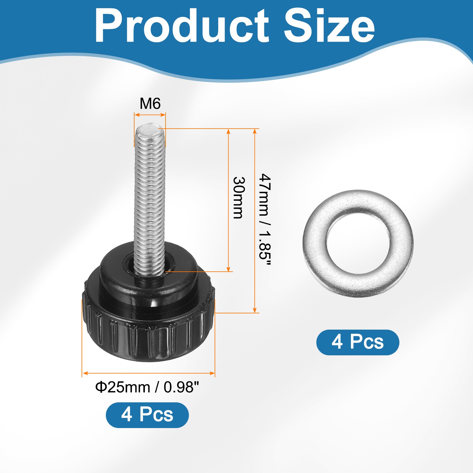 4Pcs Knurled Clamping Knobs, M6 x 30mm 25mm Width Handle Bolts Grip with Washers