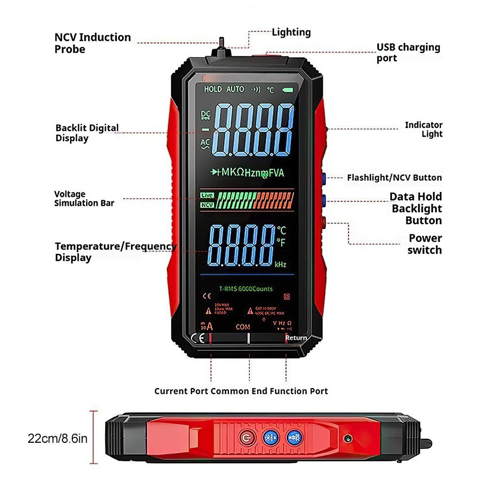 FS899L Smart Digital Multimeter,USB Rechargeable Auto-Ranging Multimeter Tester