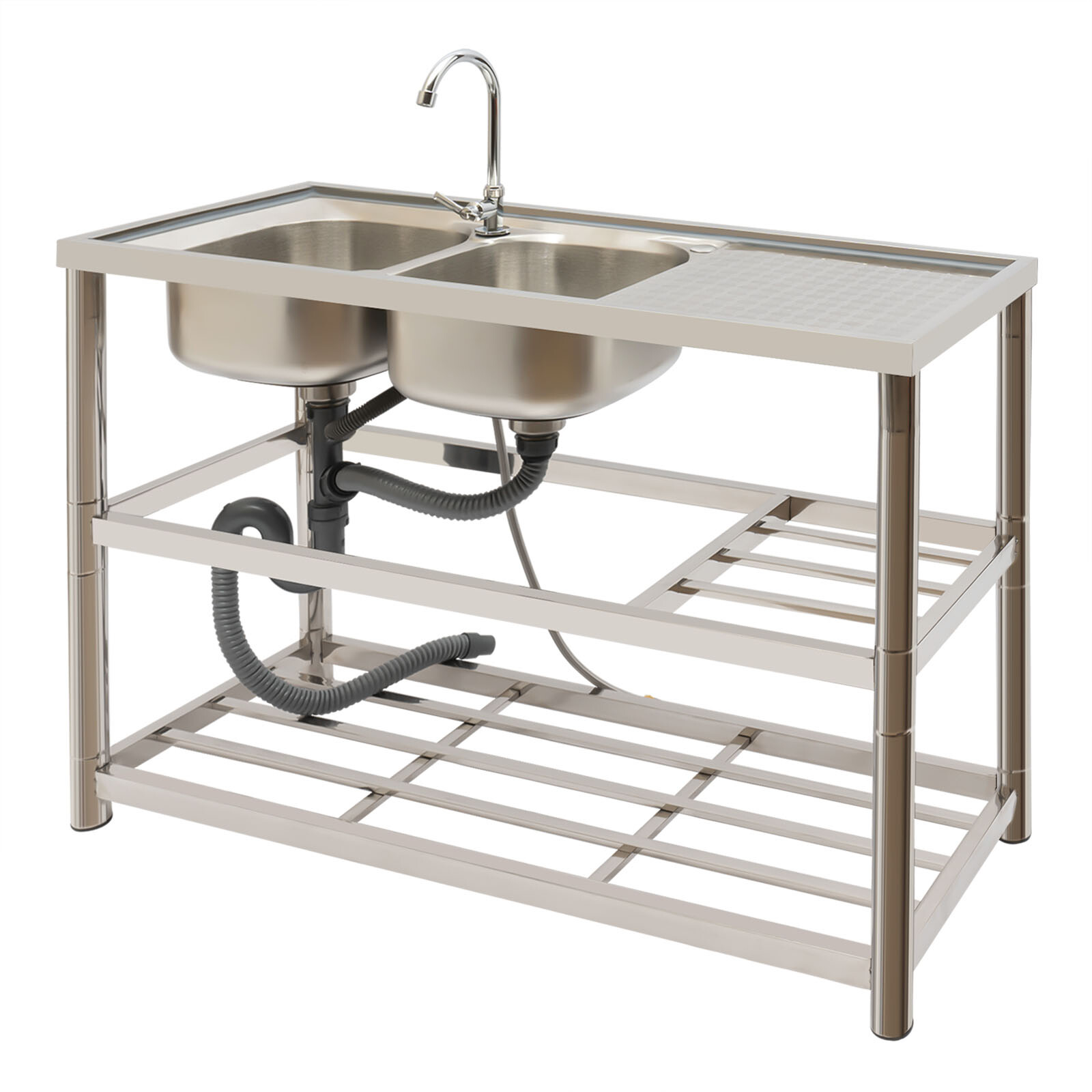 2 Compartment Commercial Kitchen Sink Prep Table with Faucet Set Stainless Steel
