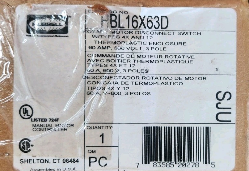 (New In Box) HUBBELL HBL16X63D 60 Amp 3 pole Nema 4x Disconnect Switch