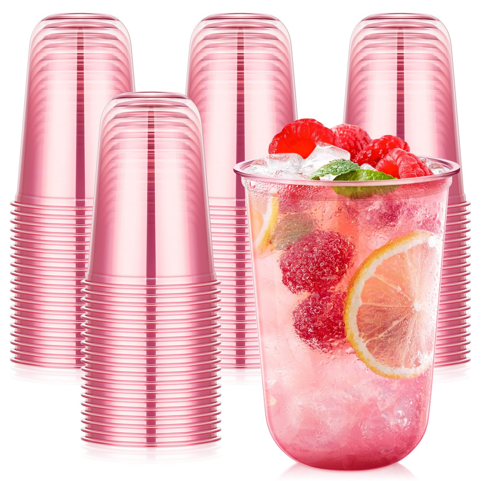 50 Pcs Pink Plastic Cups, 16oz Disposable Stemless Wine Glasses Pink Clear Dr…
