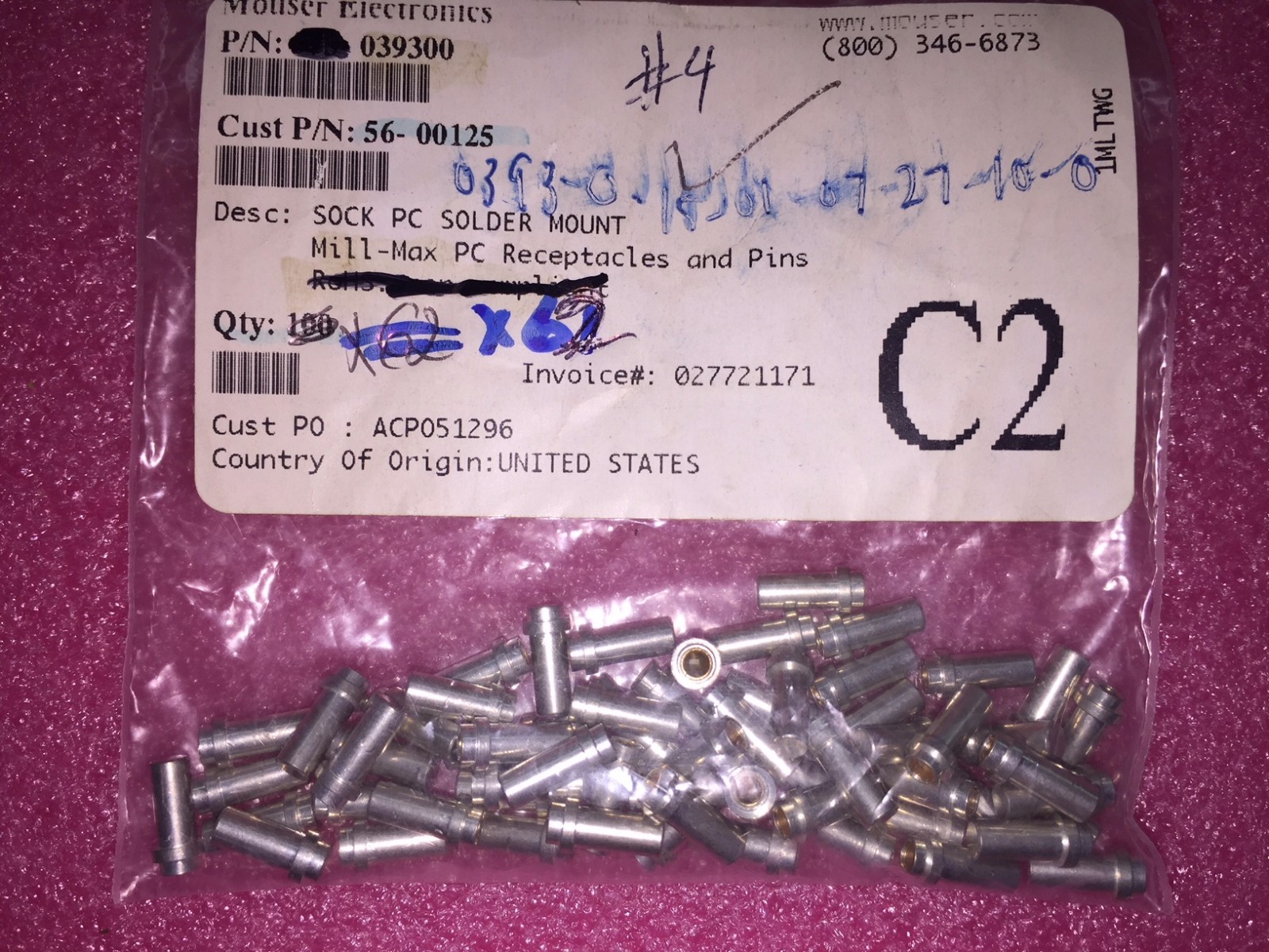 (62 PIECE LOT) 0393-0-15-01-07-27-10-0, MILL-MAX Contact SKT Solder ST Thru-Hole