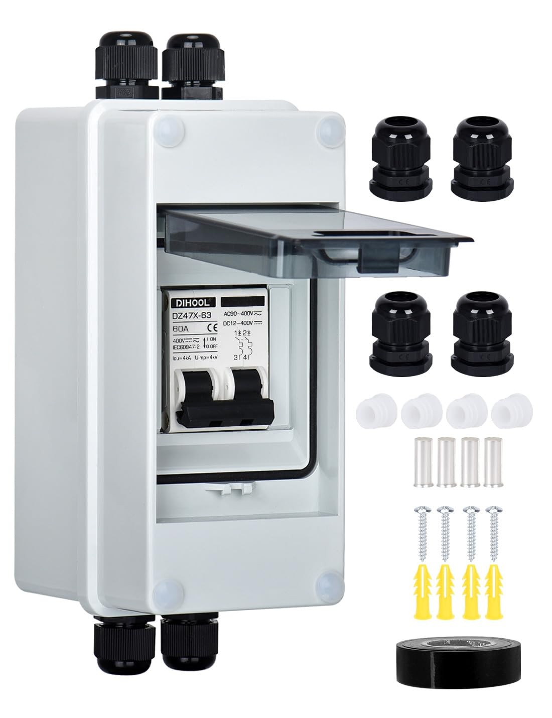 AC DC Circuit Breaker with IP65 Din Box for Solar Systems, 60 Amp 2 Pole 12V-400