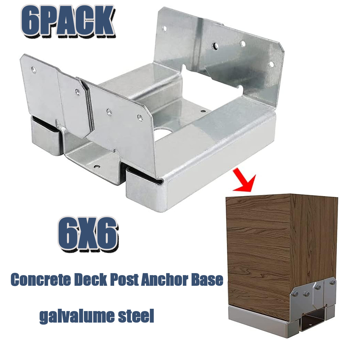 6Pcs 6×6 Concrete Deck Post Anchor Base Adjustable Metal Post Bracket Post Base