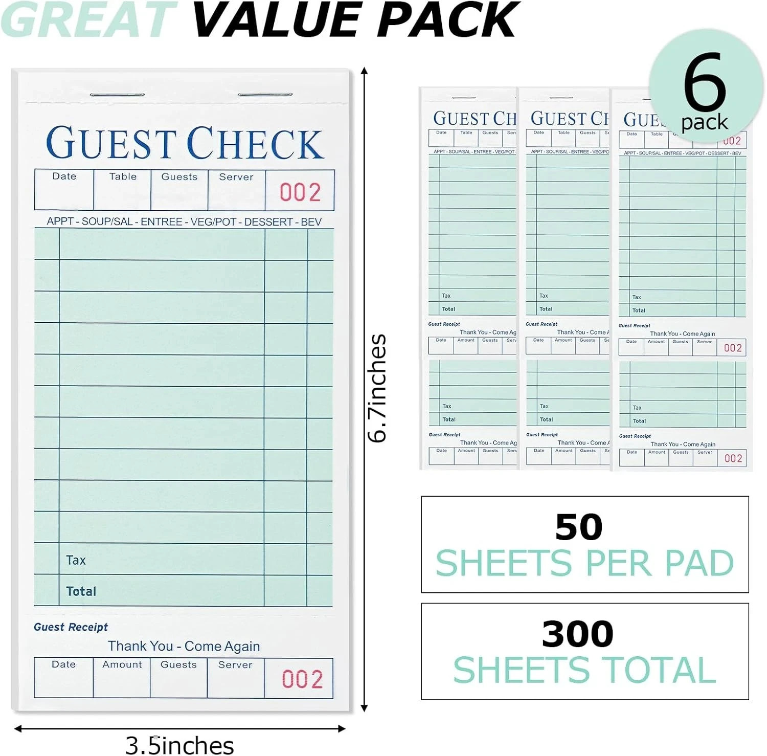 300 Guest Check Books 6 Pack Of 50, for Servers, Server Note Pads, Waitresses