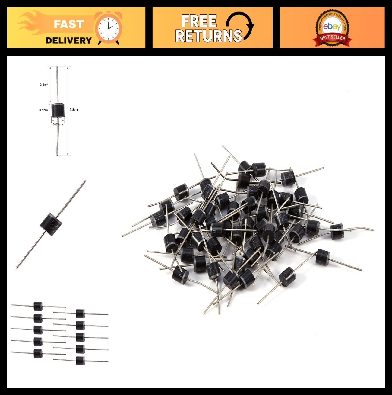 50pcs 10A10 1000V High Voltage Rectifier Diodes – 12V One-Way Electrical Conduct