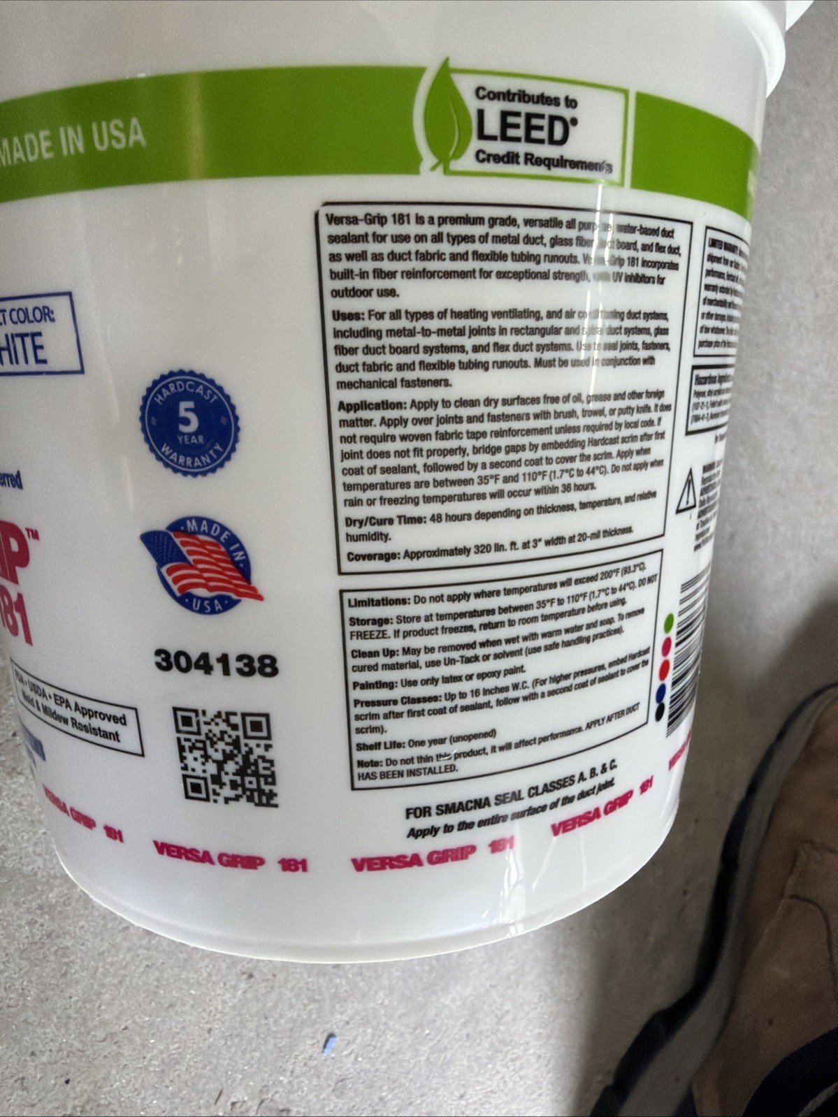Hardcast 304138 Versa Grip 181 Fiber Duct Sealant Indoor outdoor 1 Gallon Pail