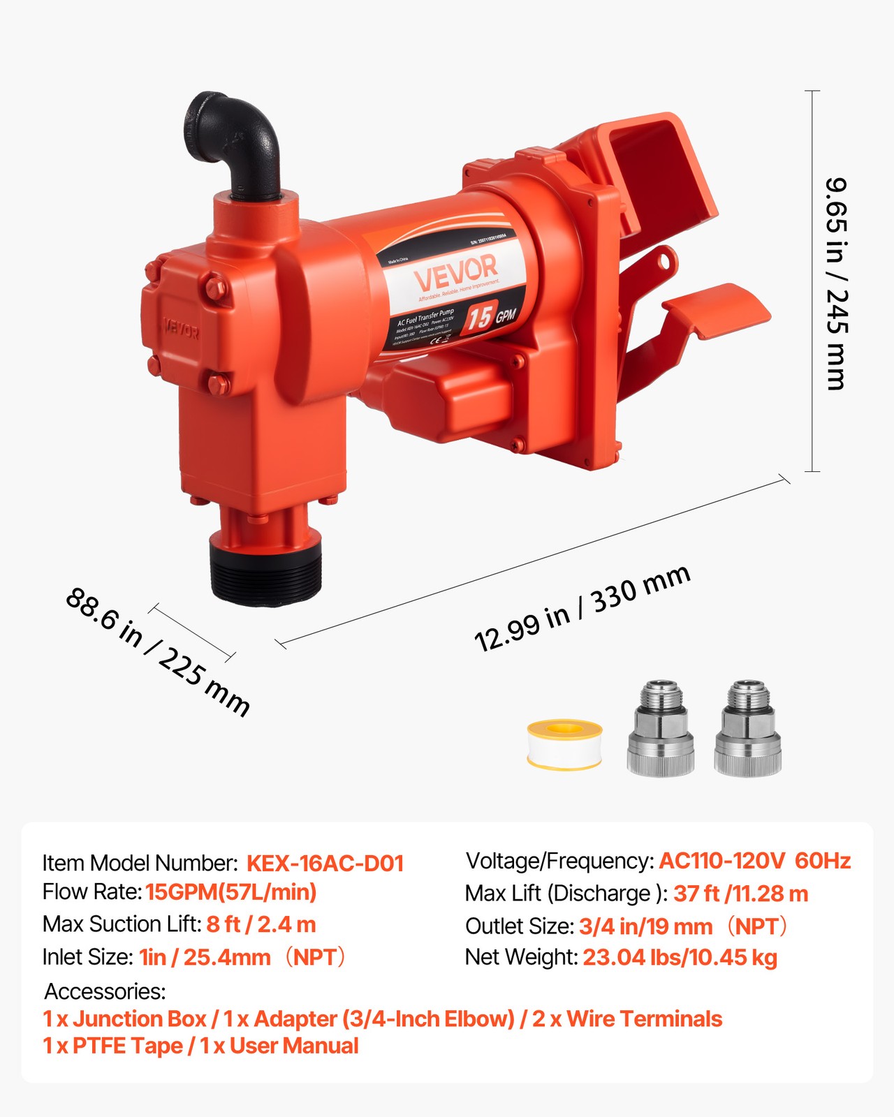 VEVOR Fuel Transfer Pump 110V Electric Oil Diesel Kerosene Pump 15 GPM 57 L/min