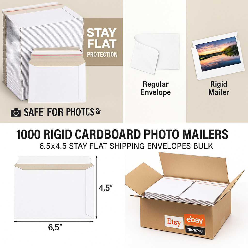 1000 Rigid Photo Shipping Flats 6.5×4.5 White Cardboard Mailers Envelopes