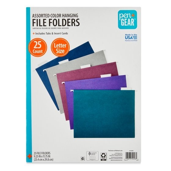 Pen+Gear Assorted Jewel Tone Hanging File Folders, Letter Size, 1/5 Cut Tabs