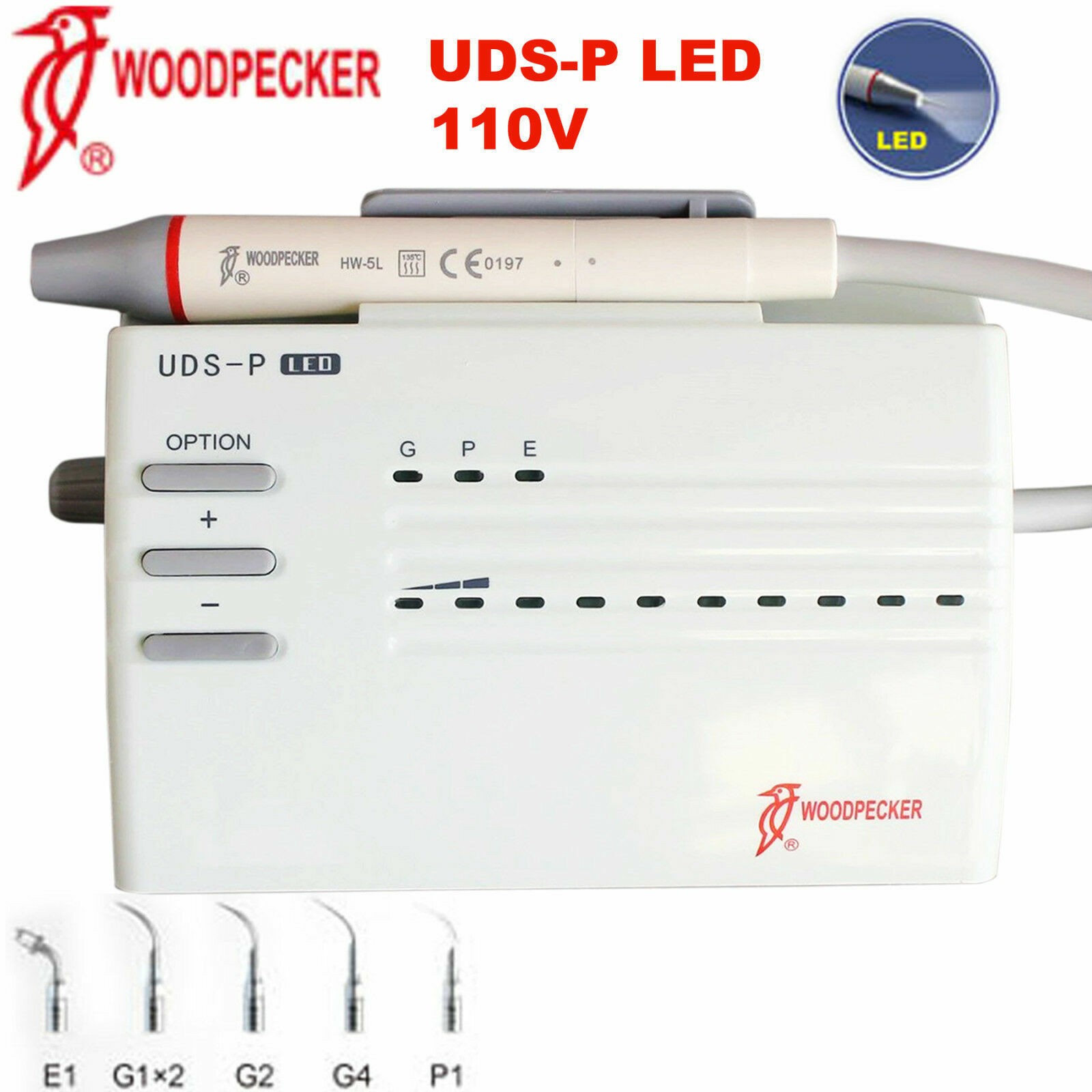 100% Orig. Woodpecker UDS-P LED Dental Ultrasonic Piezo Scaler Handpiece 6Tips