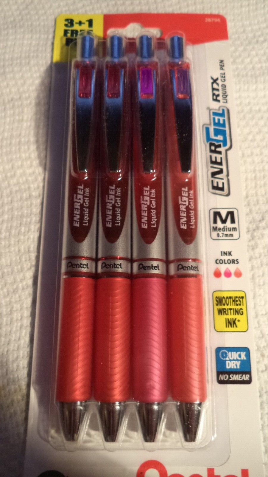 4 Pentel EnerGel RTX MEDIUM 0.7mm ASSORTED RED-ORANGE INK LIQUID GEL PENS 28794