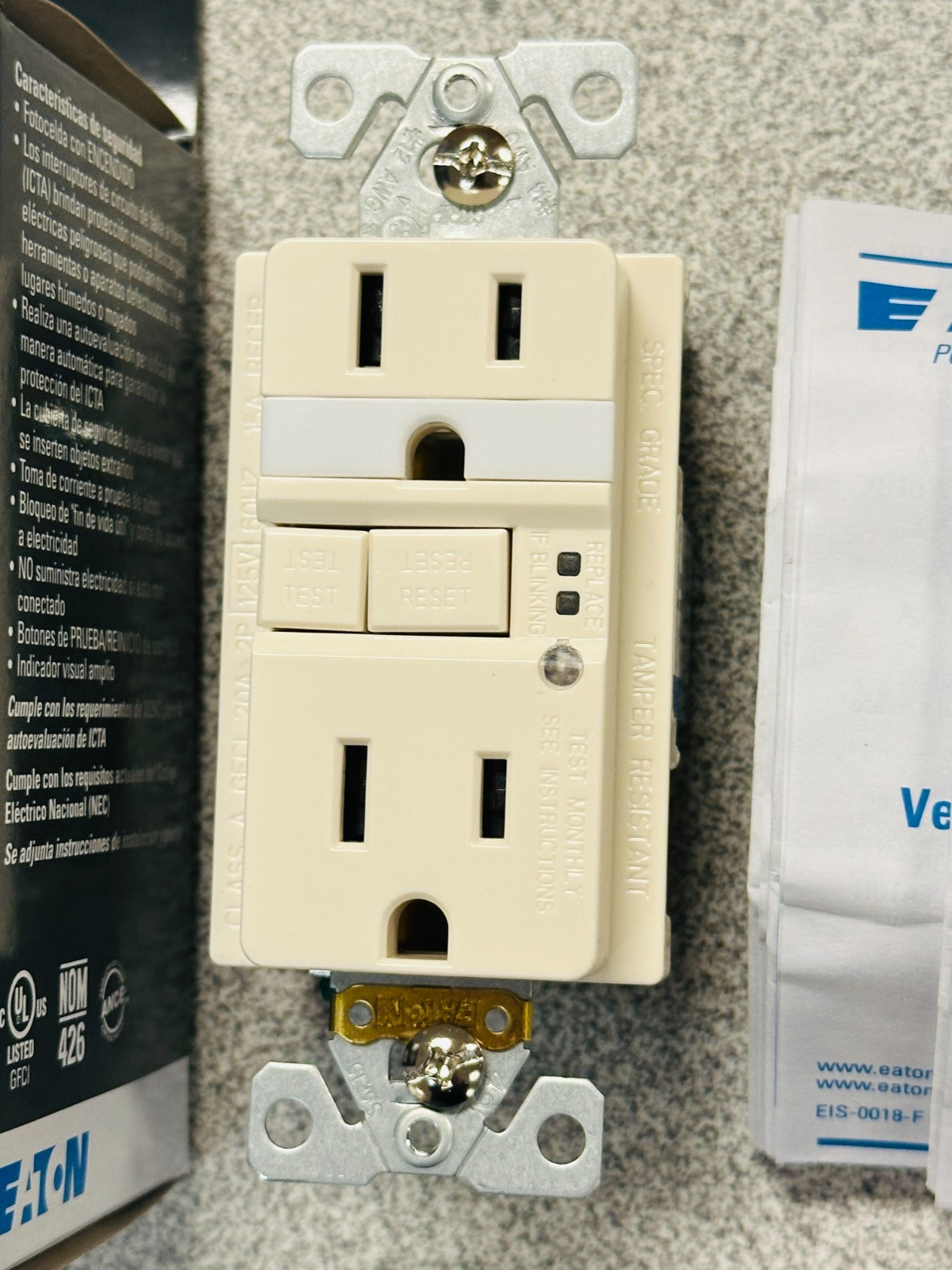 NEW Eaton TRSGFNL15LA GFCI Duplex Receptacle w Night Light 15A 125V TR Lt Almond