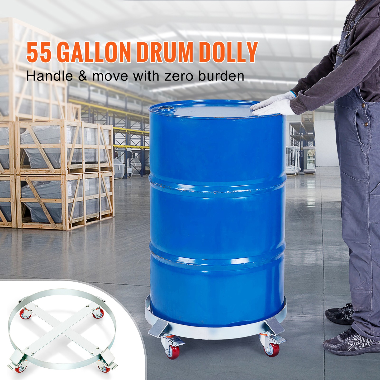 VEVOR 55 Gal Drum Dolly Heavy Duty Barrel Cart 1000lbs with Swivel Casters Steel