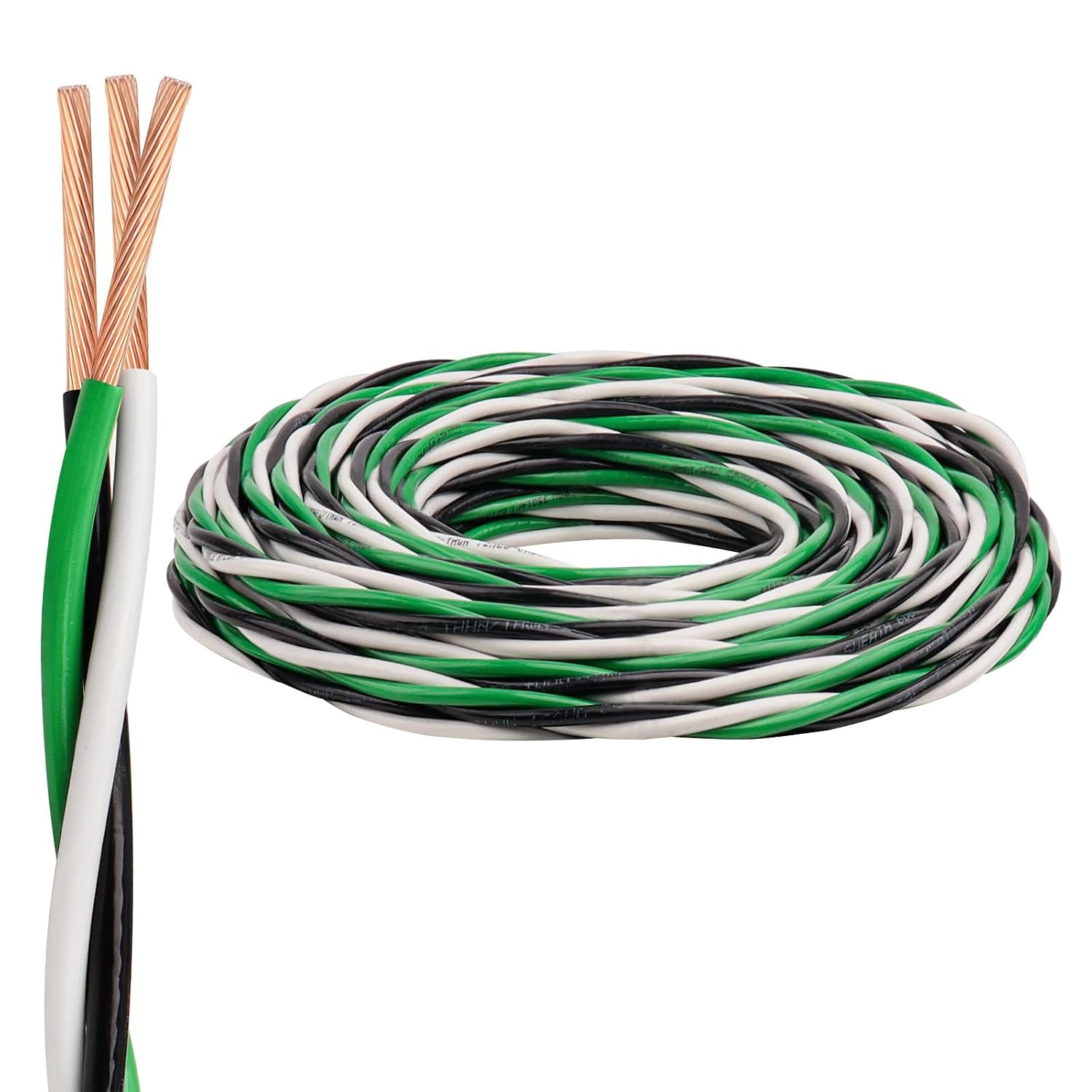 12 AWG THHN Wire 50FT 3-Color Set (Black/White/Green) – Stranded Copper, Pre-Twi