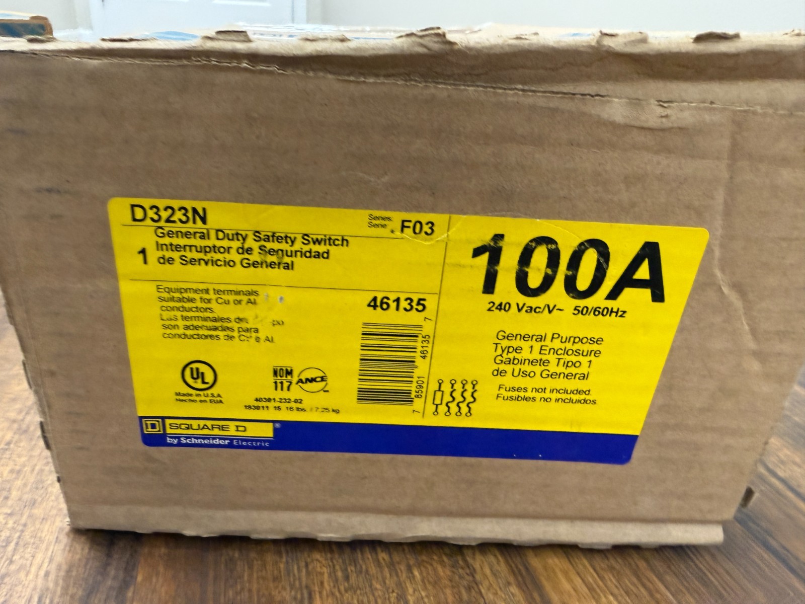 SQUARE D, D323N, safety switch, fusible, NEMA 1, 3-pole, 100A, 240VAC
