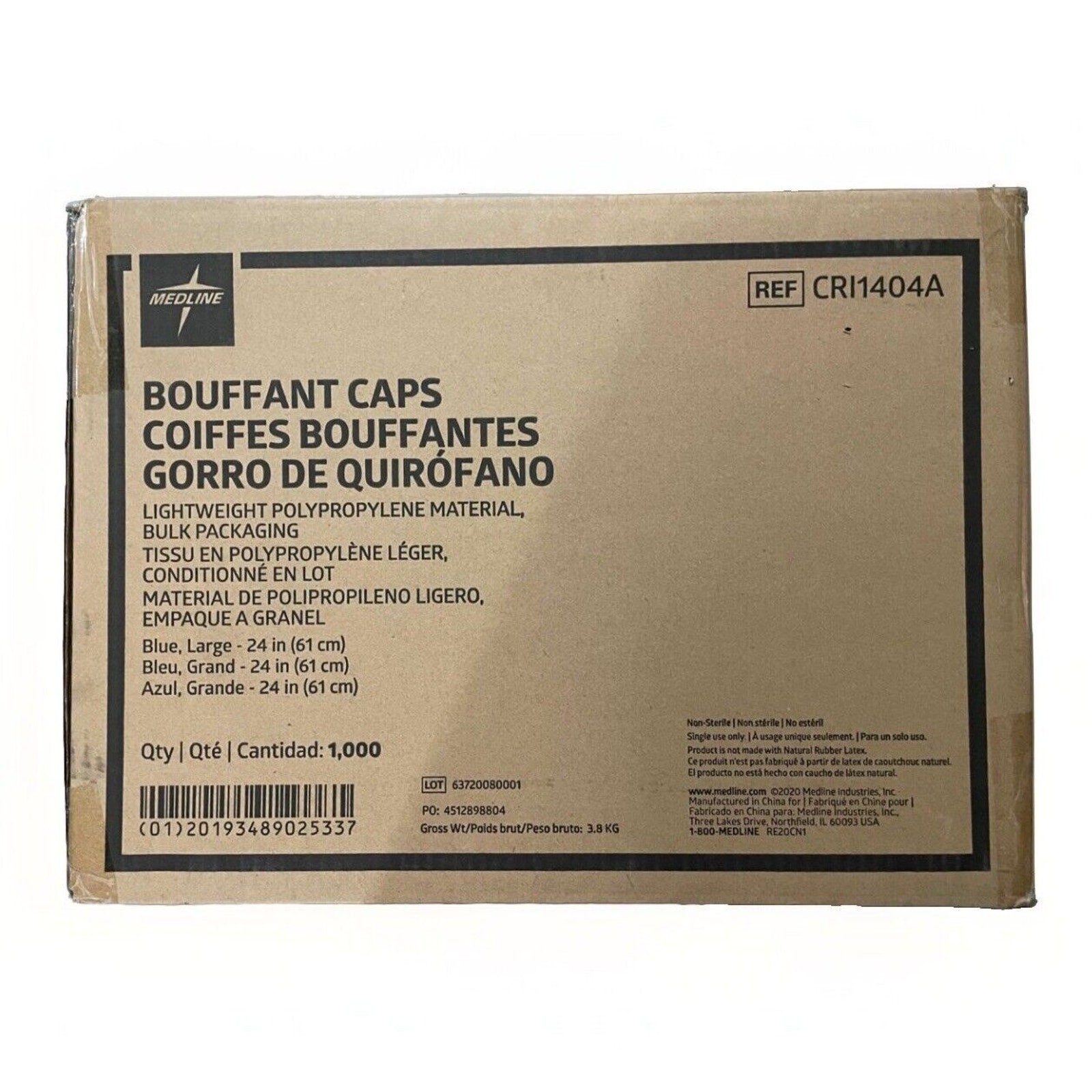 Medline 1000 Case of 24″ Blue Bouffant Cap Non Woven Disposable Hairnet CRI1404A