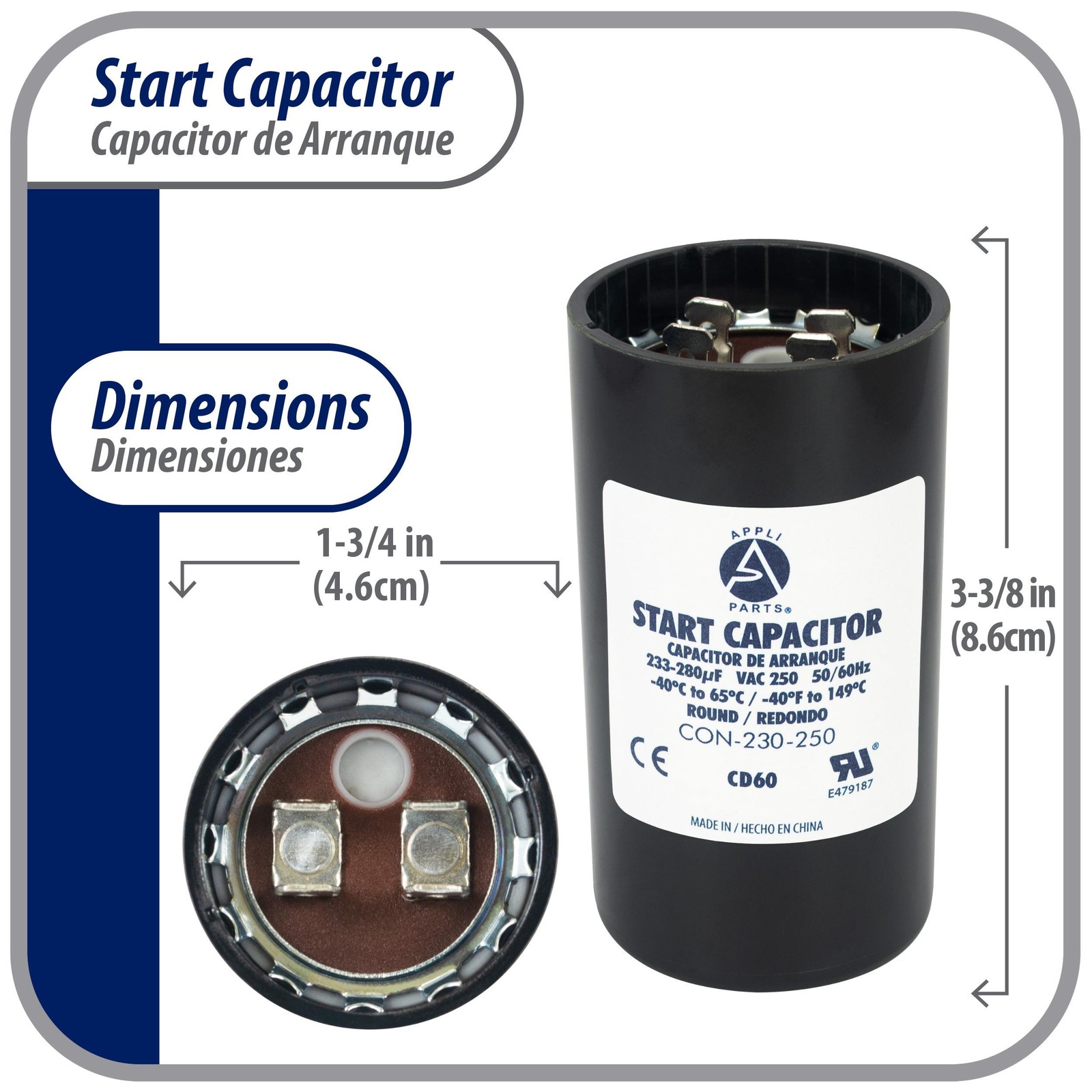 Appli Parts CON-230-250 Motor Start Capacitor 233-280 MFD uF, 250 VAC. Universal