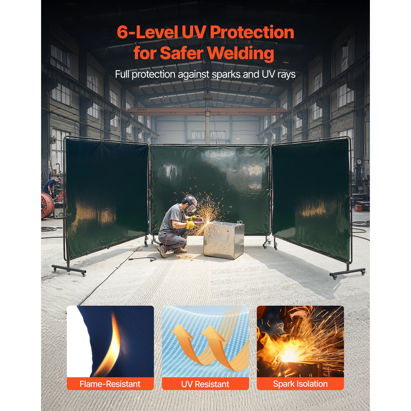 Uimoso 3-Panel Welding Screen with Frame, 6 x 8 FT, Includes 12 Wheels