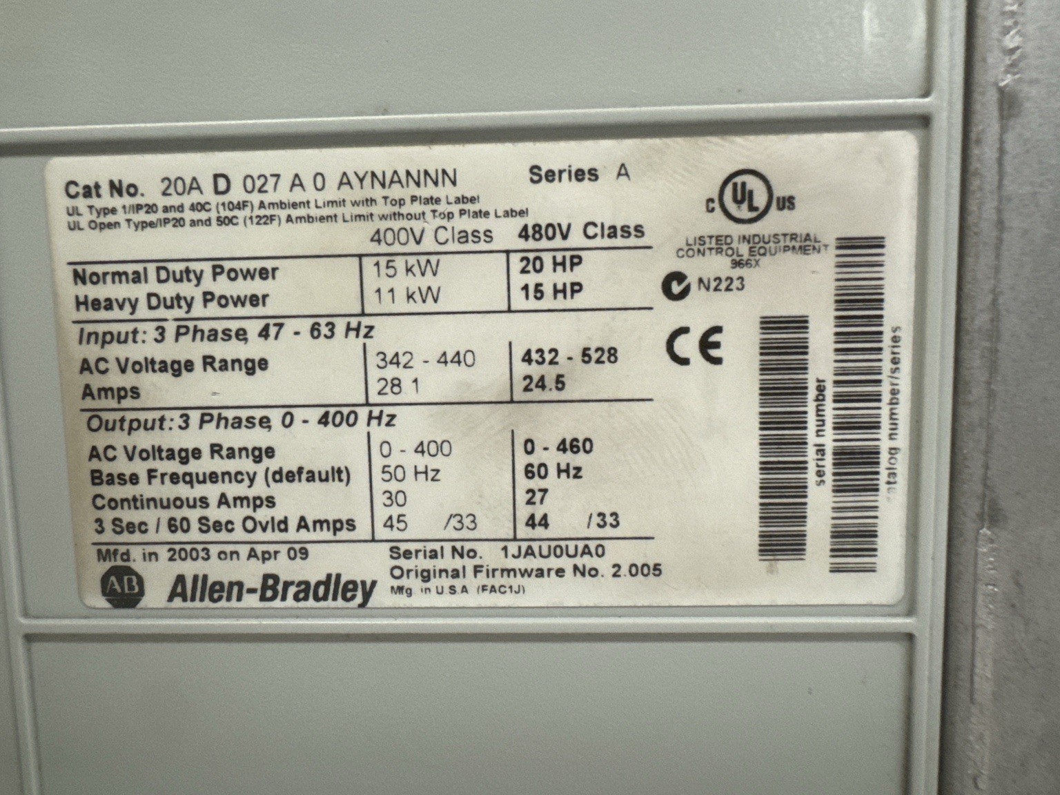 Allen-Bradley PowerFlex 70 20AD027A0AYNANNN 20HP 480V VFD Used