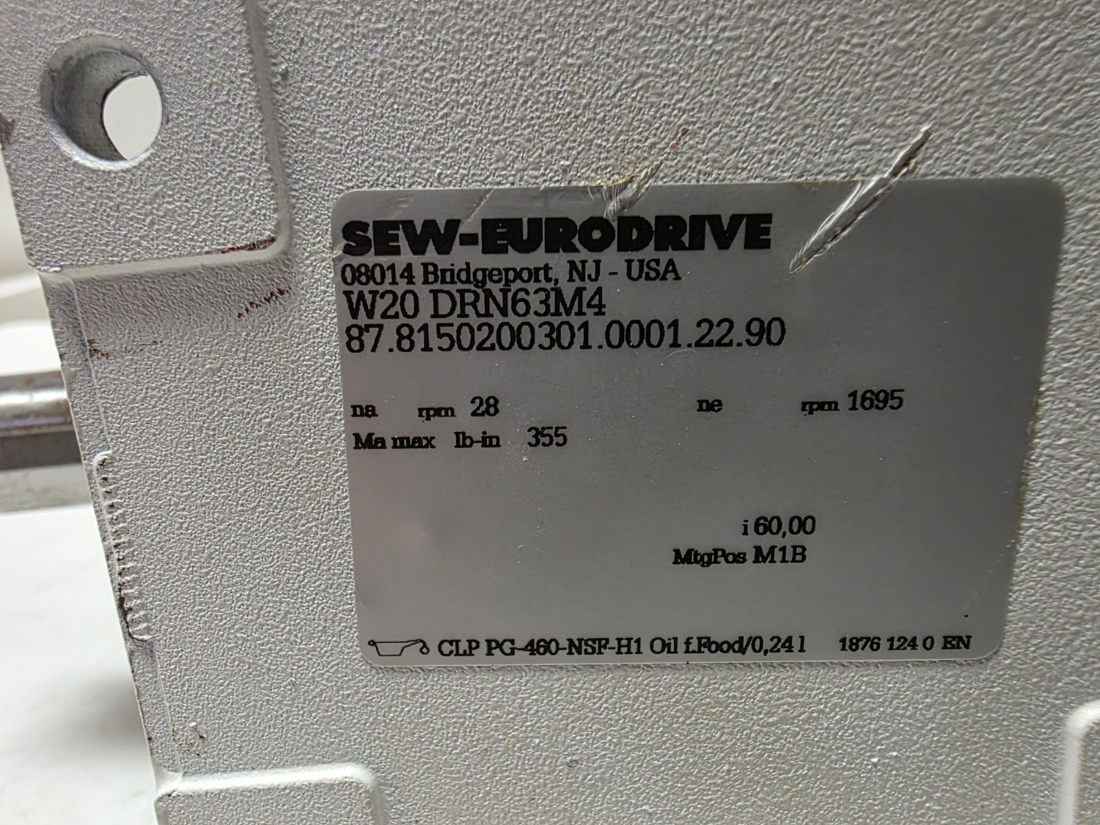 Sew-Eurodrive Gear Motor W20 DRN63 1695/28 RPM 1/4 Hp Inverter Duty