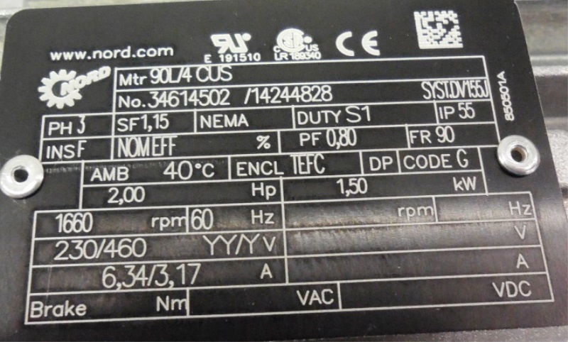 NORD MOTOR W/ GEAR BOX 34614502, 14244828, 3 PH, 1660 RPM, 60 HZ, 230/460V, 2HP