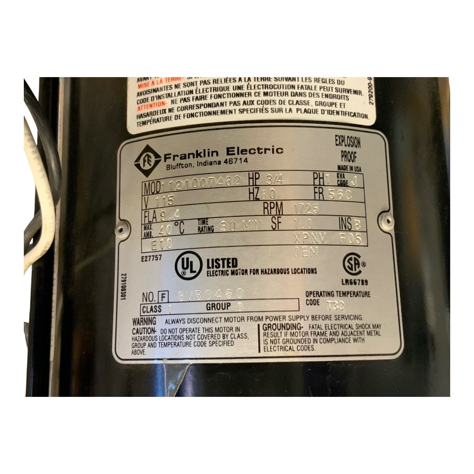 Franklin Electric 1121007462 3/4HP Explosion Proof Mixing Motor 115V 1725RPM