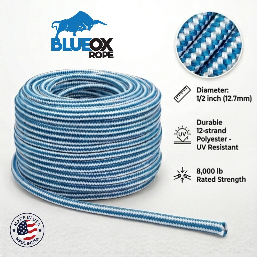 Blue Ox Rope 1/2″ 12-Strand Polyester Arborist Climbing Rope, Blue/White