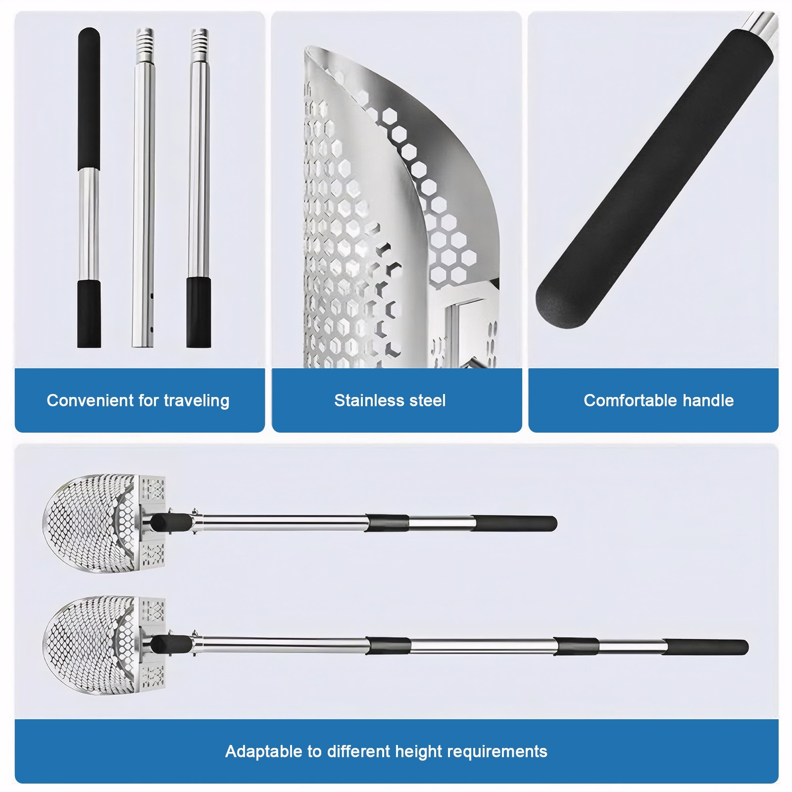Long Handle Sand Scoop Metal Detecting Shovel Adjustable Stainless Steel Beach