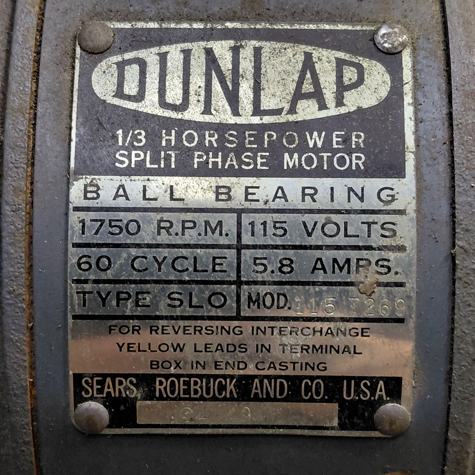 See Video Vintage Sears DUNLAP 1/3 HP Split Phase 115V 1750 RPM Motor 1/2” Shaft