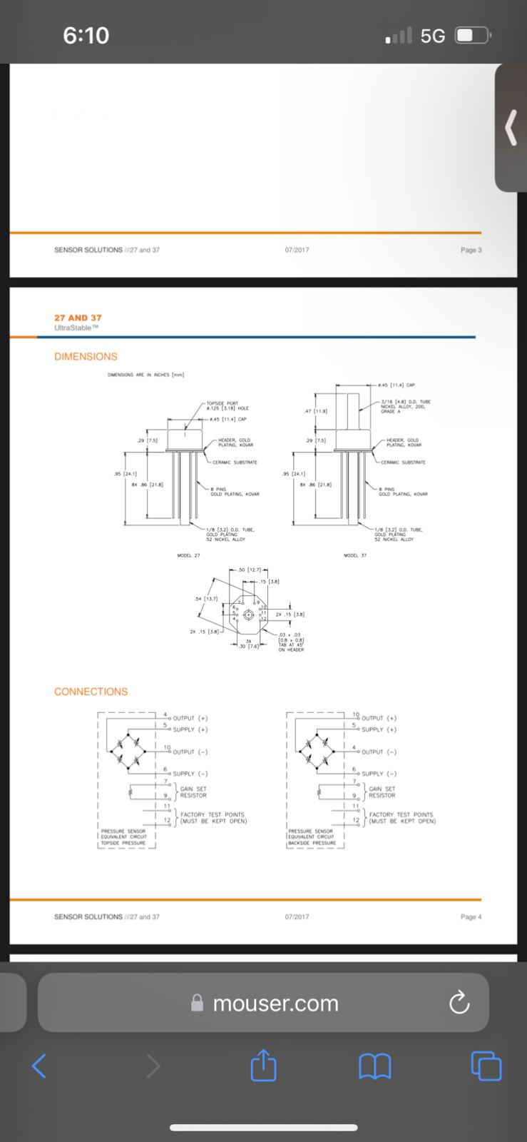 Measurement Specialties 37-100D Pressure Sensor 0V to 0.1V 0psi to 100psi Diff