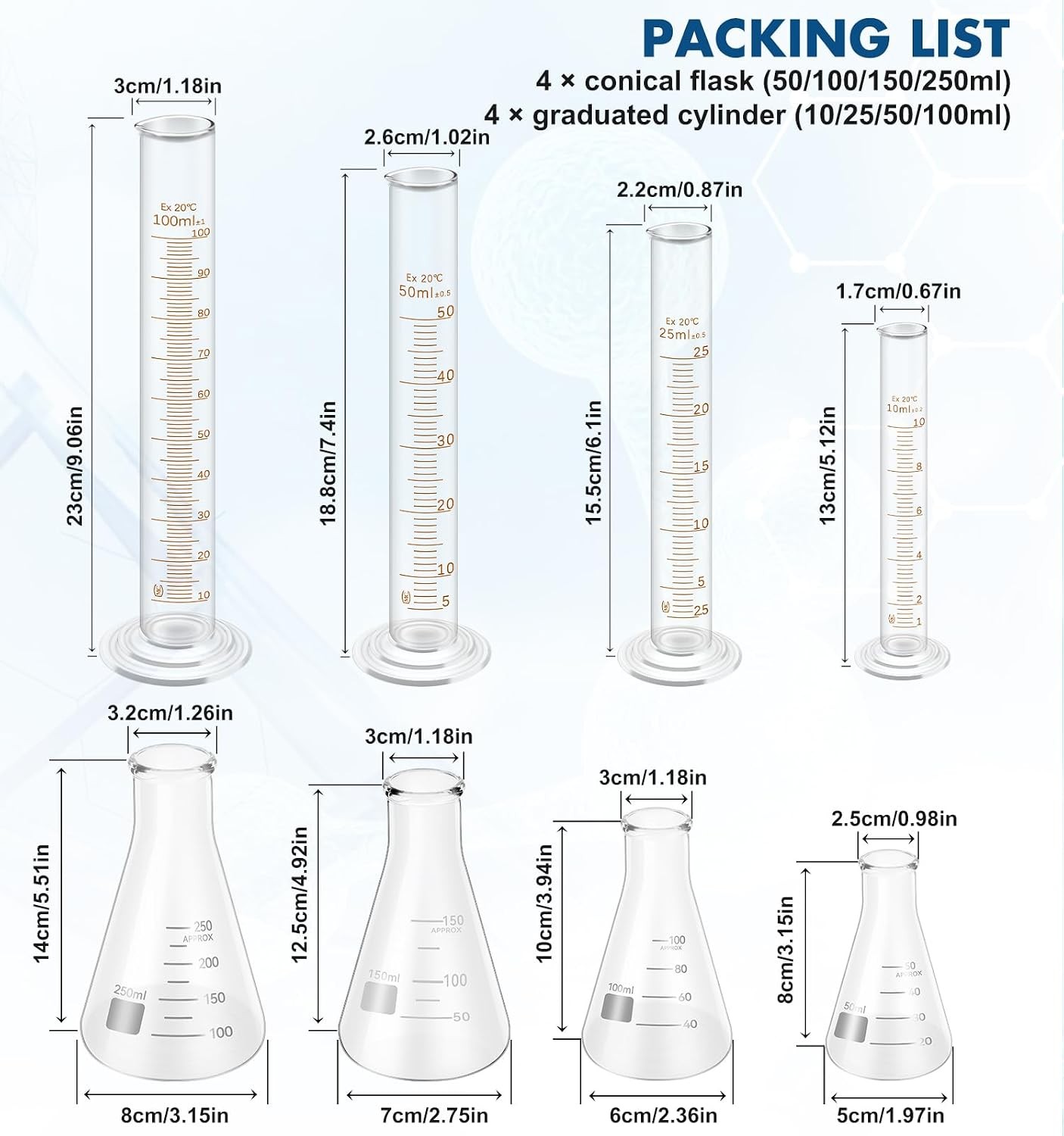 Set of 19 Laboratory Glassware Set Science Lab Chemistry Beaker 50/100/250/500ML