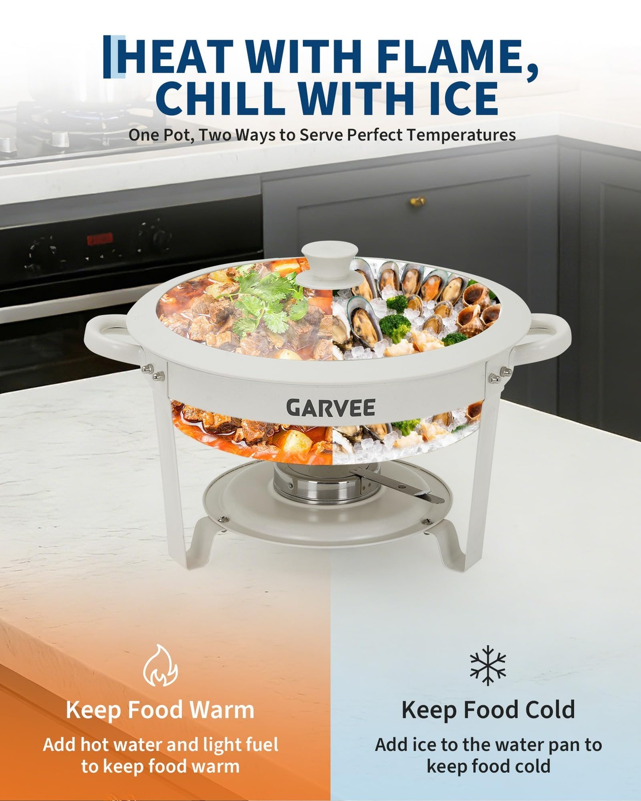 6 Pcs 5.3QT White Chafing Dishes Buffet Set, Non-Stick Coated Food Warmer
