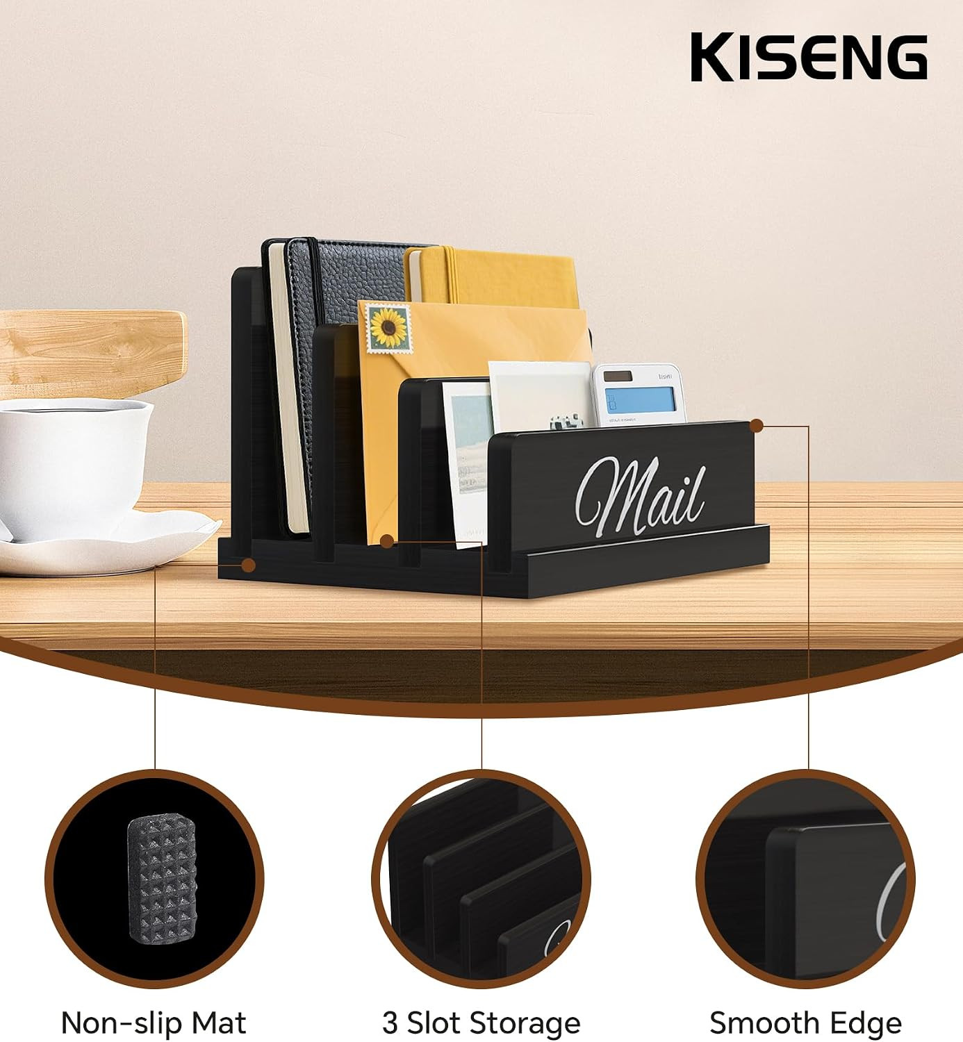 Mail Organizer for Desk, Wooden Mail Holder with Divider, 3-Slot | Sorter File H